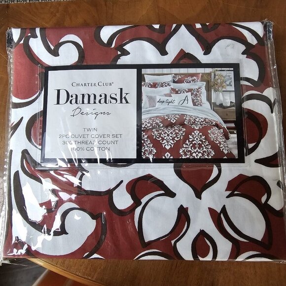 NIP Charter Club Outline Damask 300 Thread Count 2-Pc Twin DUVET COVER Set - Red - Picture 2 of 9